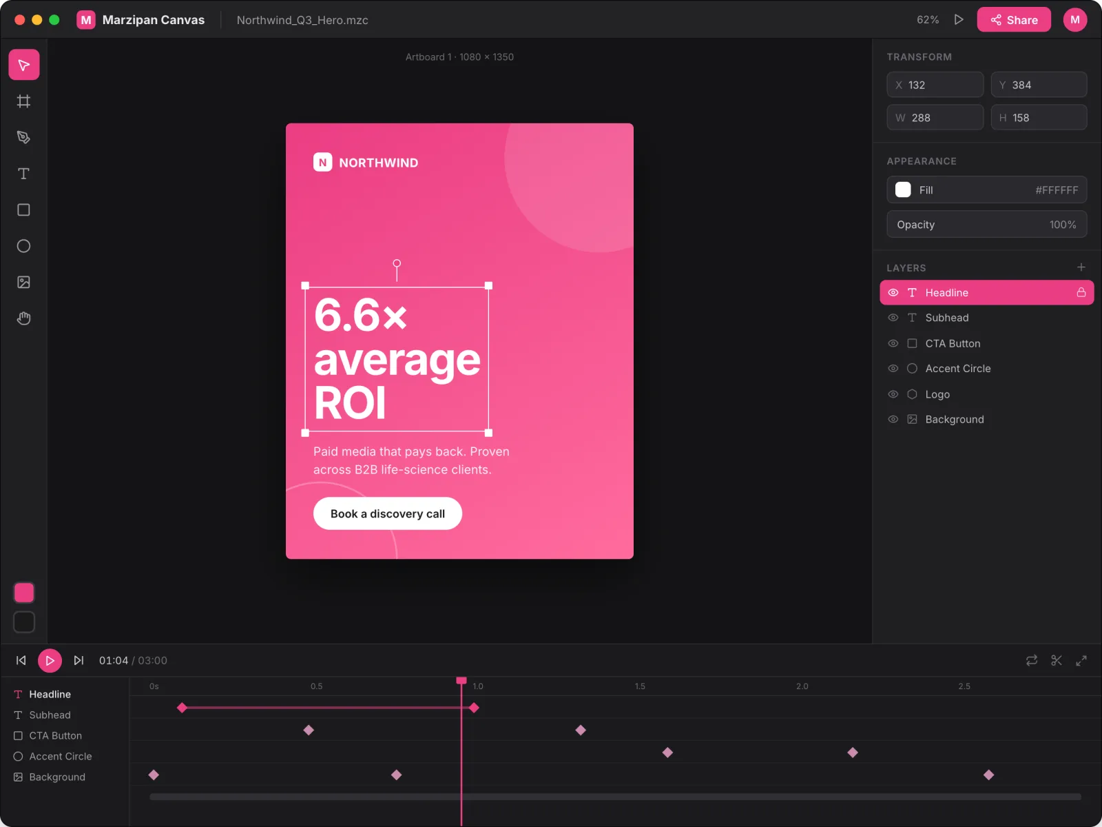 Motion design canvas showing an animated social graphic with a layer timeline