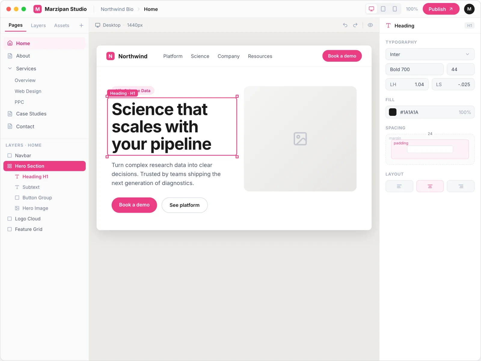 Website design tool interface with a life science homepage layout in progress